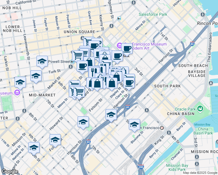 map of restaurants, bars, coffee shops, grocery stores, and more near 330 Clementina Street in San Francisco