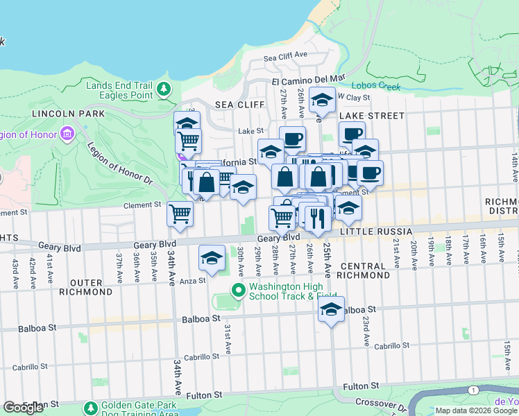 map of restaurants, bars, coffee shops, grocery stores, and more near 420 29th Avenue in San Francisco