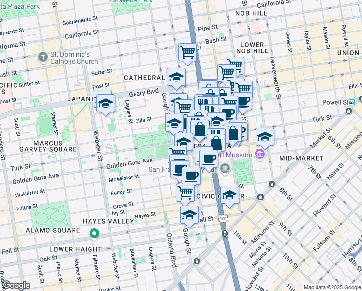 map of restaurants, bars, coffee shops, grocery stores, and more near 807 Franklin Street in San Francisco
