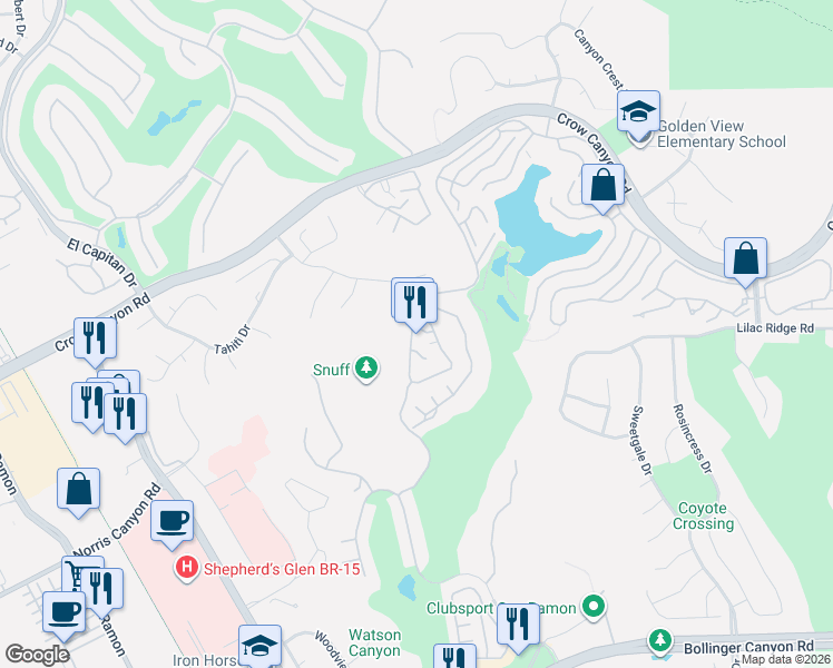 map of restaurants, bars, coffee shops, grocery stores, and more near 3010 Lakemont Drive in San Ramon