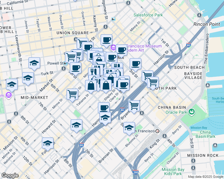 map of restaurants, bars, coffee shops, grocery stores, and more near 821 Folsom Street in San Francisco