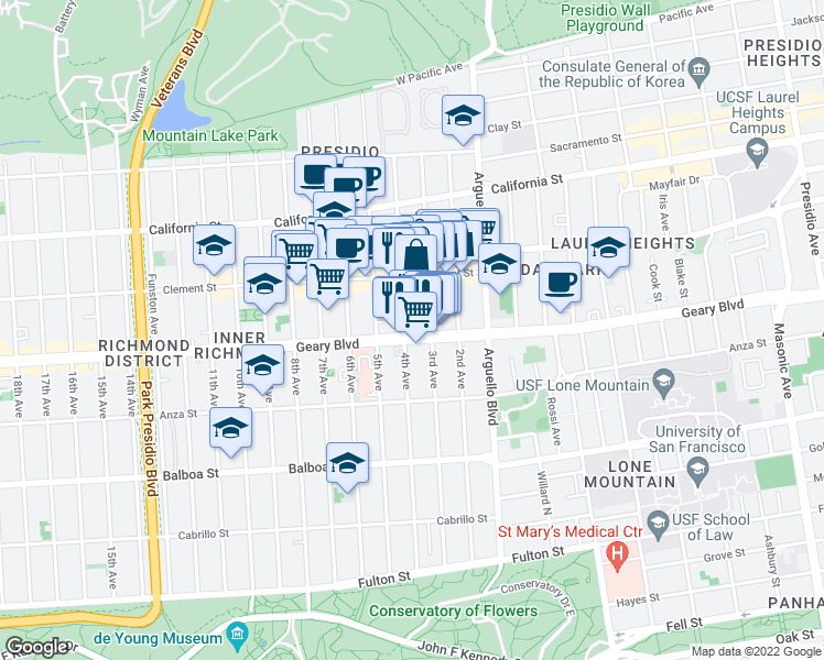 map of restaurants, bars, coffee shops, grocery stores, and more near 3940 Geary Boulevard in San Francisco