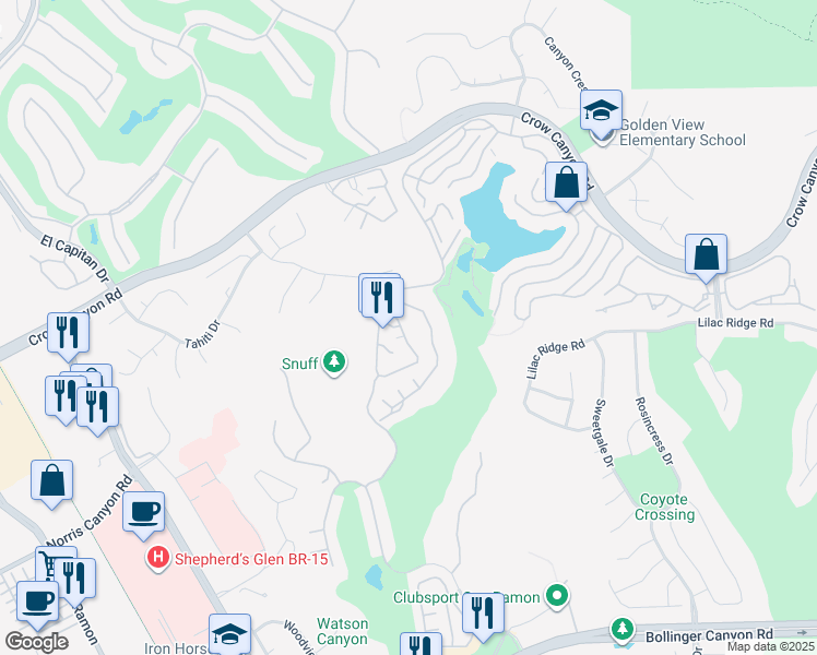 map of restaurants, bars, coffee shops, grocery stores, and more near 712 Lakemont Place in San Ramon