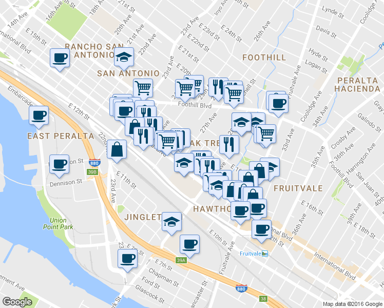 map of restaurants, bars, coffee shops, grocery stores, and more near 1523 27th Avenue in Oakland