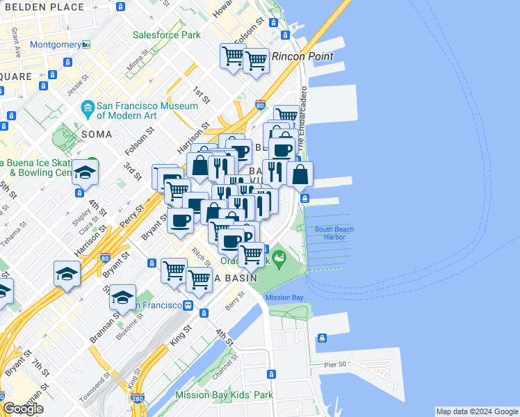 map of restaurants, bars, coffee shops, grocery stores, and more near 275 Brannan Street in San Francisco