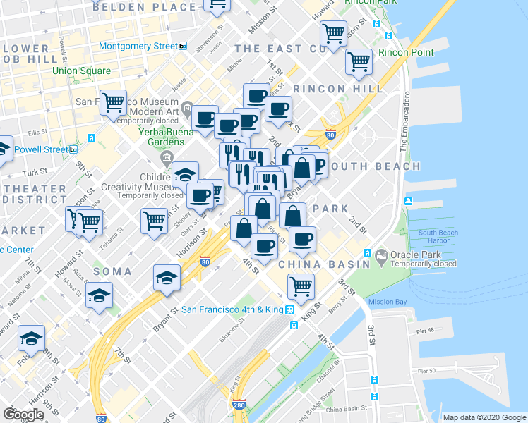 map of restaurants, bars, coffee shops, grocery stores, and more near 126 Perry Street in San Francisco