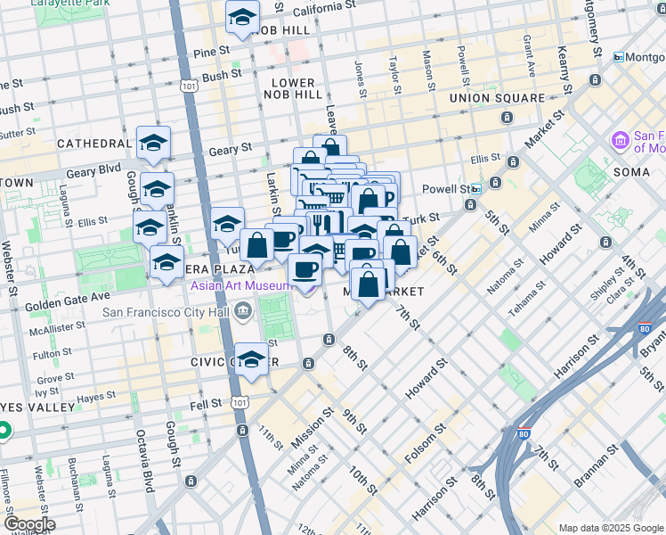 map of restaurants, bars, coffee shops, grocery stores, and more near in San Francisco