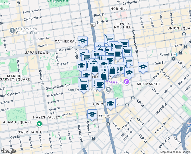 map of restaurants, bars, coffee shops, grocery stores, and more near 701 Van Ness Avenue in San Francisco