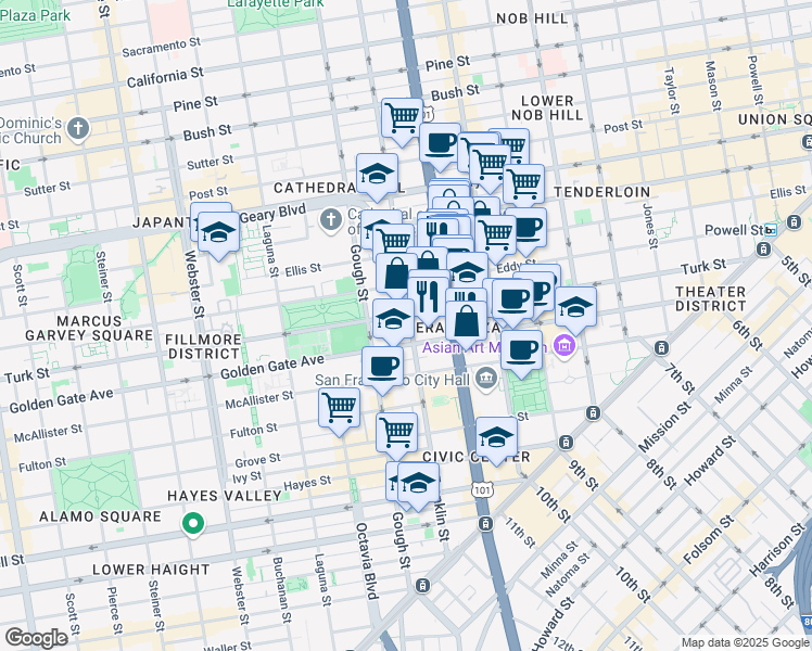 map of restaurants, bars, coffee shops, grocery stores, and more near 807 Franklin Street in San Francisco