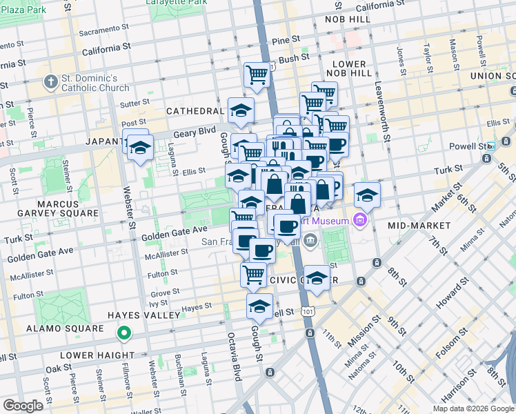 map of restaurants, bars, coffee shops, grocery stores, and more near 807 Franklin Street in San Francisco
