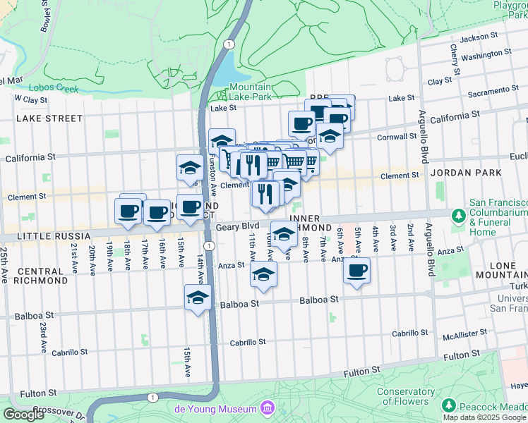 map of restaurants, bars, coffee shops, grocery stores, and more near 337 10th Avenue in San Francisco