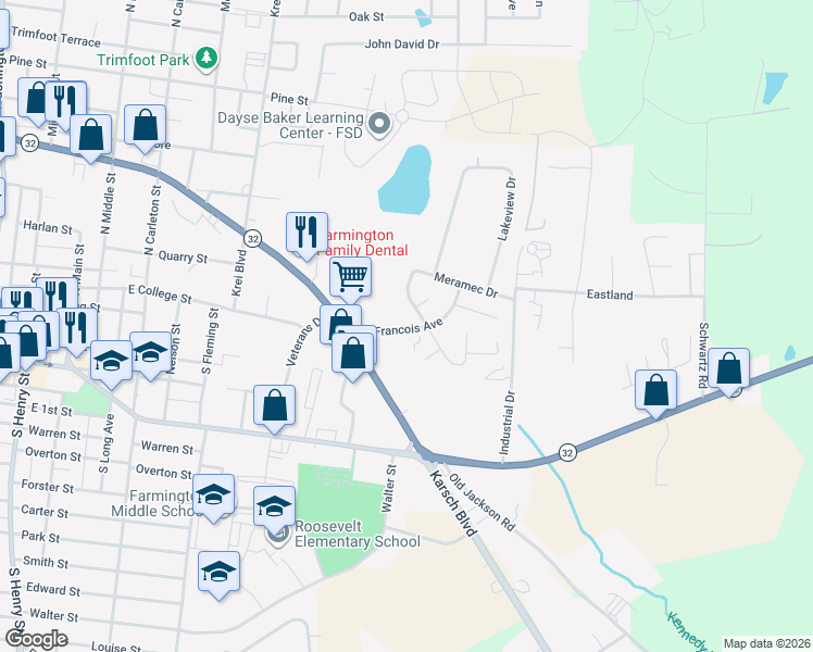 map of restaurants, bars, coffee shops, grocery stores, and more near 1109 Wabash Avenue in Farmington