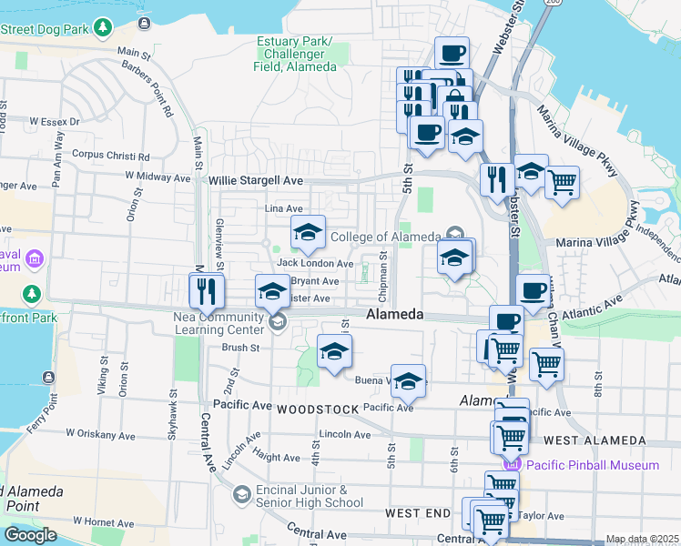 map of restaurants, bars, coffee shops, grocery stores, and more near 2211 Coral Sea Street in Alameda
