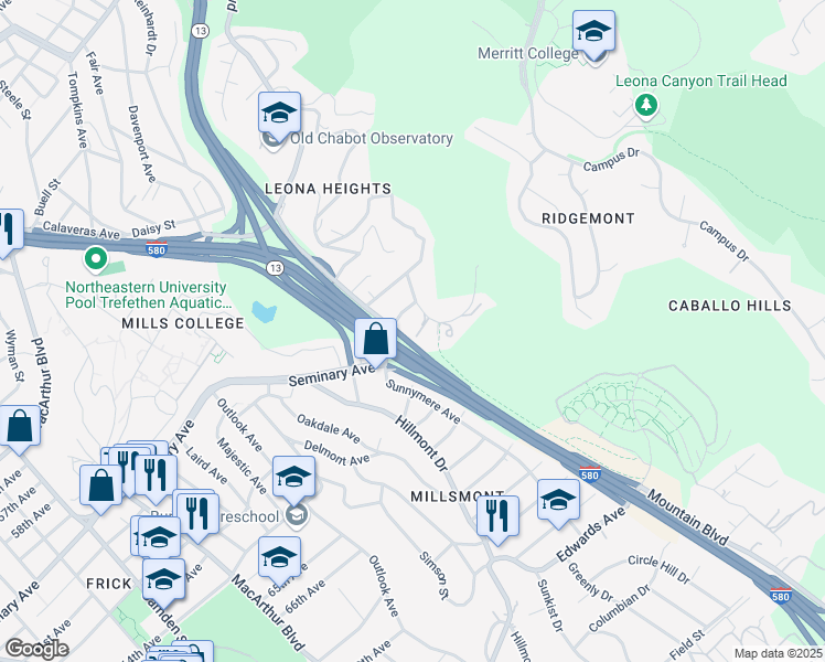 map of restaurants, bars, coffee shops, grocery stores, and more near 6225 Leona Street in Oakland