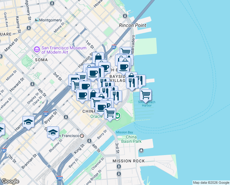map of restaurants, bars, coffee shops, grocery stores, and more near Townsend Street in San Francisco