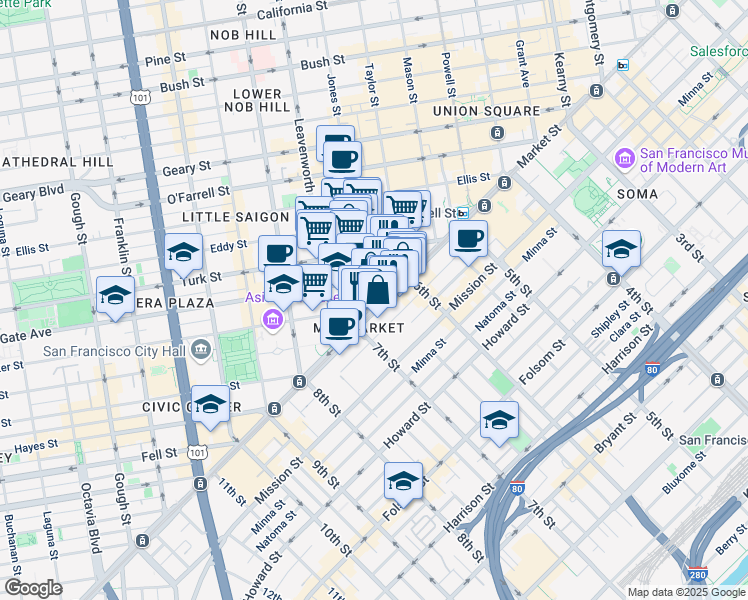 map of restaurants, bars, coffee shops, grocery stores, and more near 90 Jones Street in San Francisco