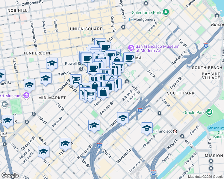 map of restaurants, bars, coffee shops, grocery stores, and more near in San Francisco