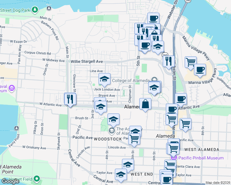 map of restaurants, bars, coffee shops, grocery stores, and more near 2211 Coral Sea Street in Alameda