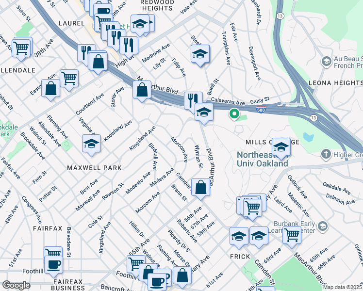map of restaurants, bars, coffee shops, grocery stores, and more near Morcom Avenue & Wyman Street in Oakland
