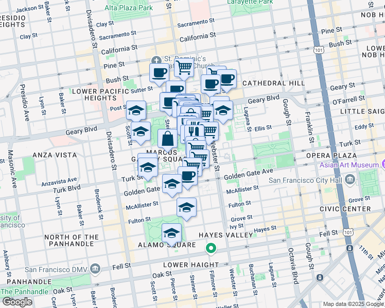 map of restaurants, bars, coffee shops, grocery stores, and more near Fillmore St & Eddy St in San Francisco