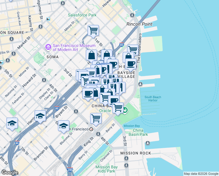 map of restaurants, bars, coffee shops, grocery stores, and more near 301 Brannan Street in San Francisco