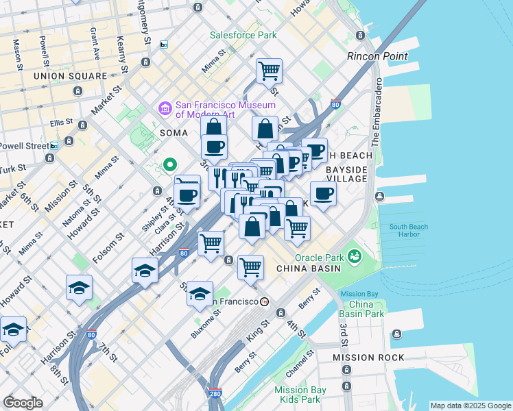 map of restaurants, bars, coffee shops, grocery stores, and more near 470 Bryant Street in San Francisco