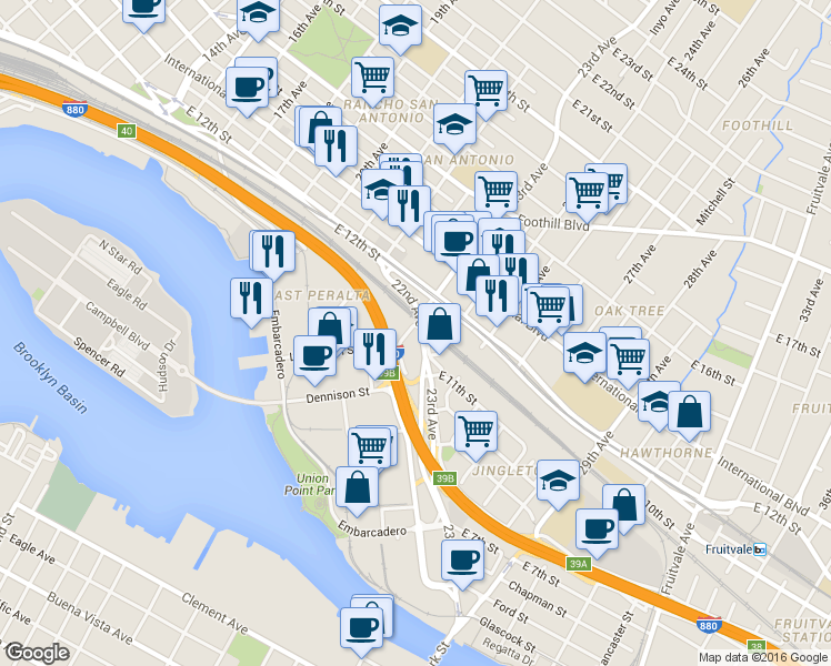 map of restaurants, bars, coffee shops, grocery stores, and more near 1092 Calcot Place in Oakland