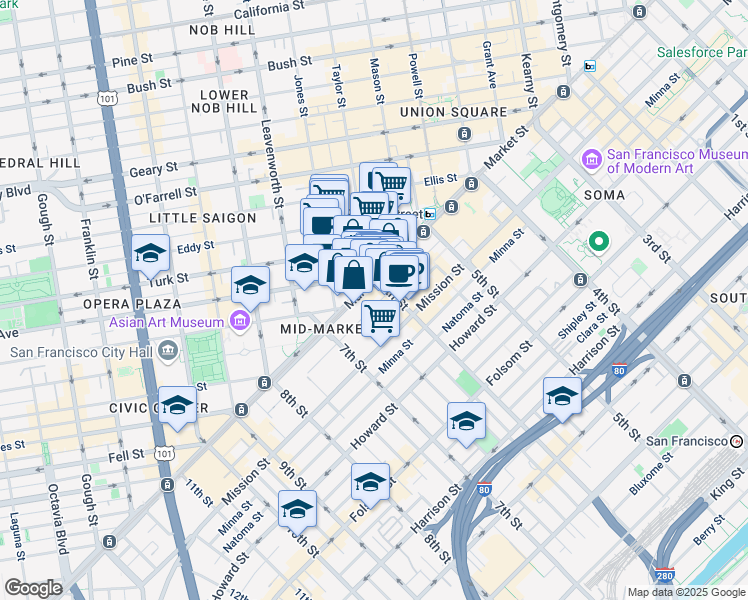 map of restaurants, bars, coffee shops, grocery stores, and more near 1019 Market Street in San Francisco