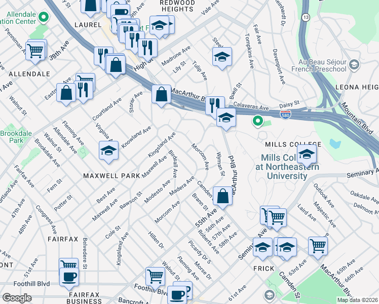 map of restaurants, bars, coffee shops, grocery stores, and more near 3380 Madera Avenue in Oakland