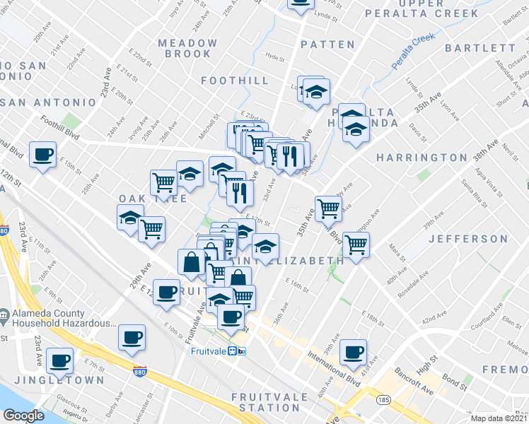map of restaurants, bars, coffee shops, grocery stores, and more near 1722 33rd Avenue in Oakland