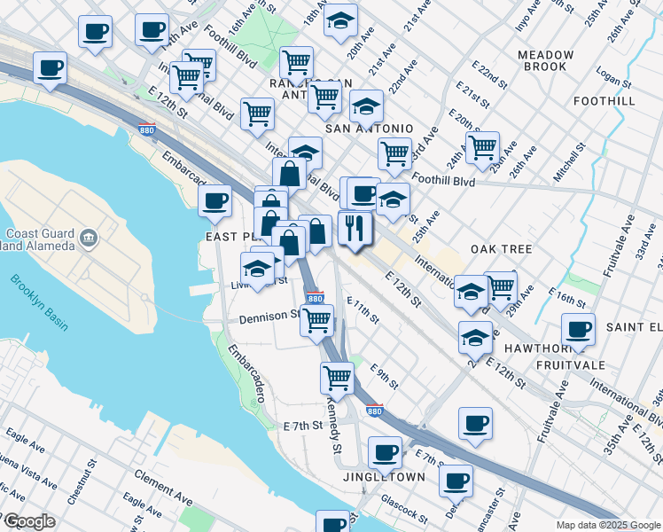map of restaurants, bars, coffee shops, grocery stores, and more near 1092 Calcot Place in Oakland