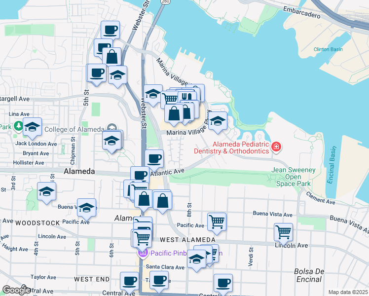 map of restaurants, bars, coffee shops, grocery stores, and more near 3 Cerruti Court in Alameda