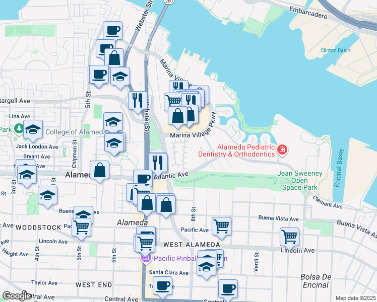 map of restaurants, bars, coffee shops, grocery stores, and more near 3 Cerruti Court in Alameda