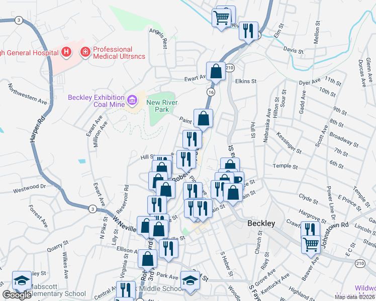 map of restaurants, bars, coffee shops, grocery stores, and more near 103 Johnston Street in Beckley