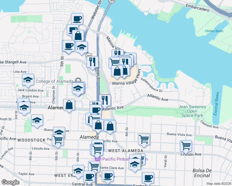 map of restaurants, bars, coffee shops, grocery stores, and more near 3 Rowe Court in Alameda