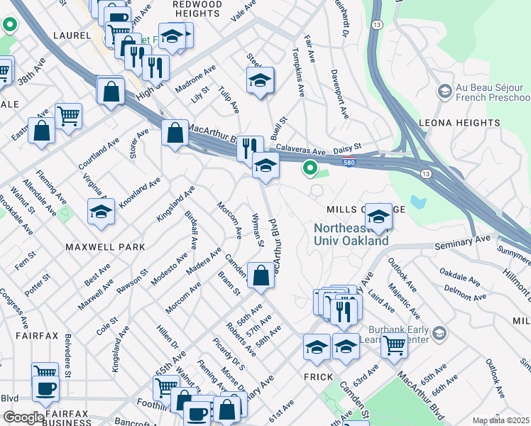 map of restaurants, bars, coffee shops, grocery stores, and more near 5091 MacArthur Boulevard in Oakland