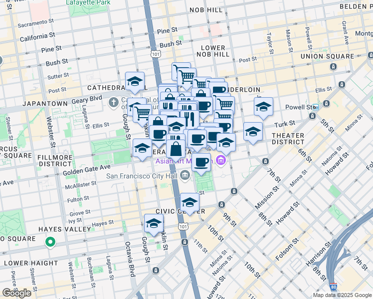 map of restaurants, bars, coffee shops, grocery stores, and more near 835 Turk Street in San Francisco