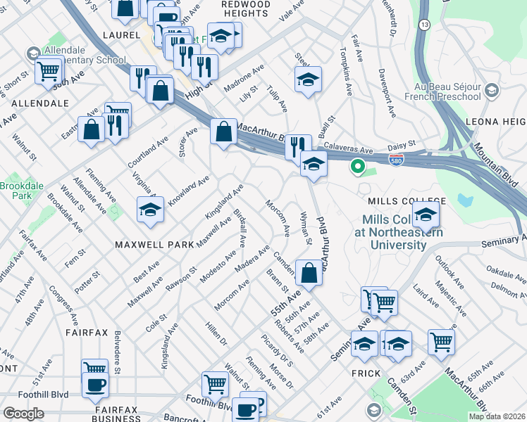 map of restaurants, bars, coffee shops, grocery stores, and more near 3380 Madera Avenue in Oakland