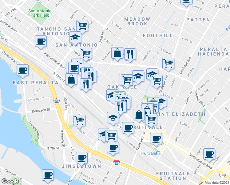 map of restaurants, bars, coffee shops, grocery stores, and more near 1523 27th Avenue in Oakland