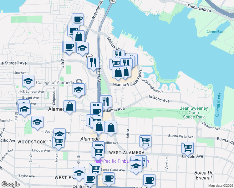 map of restaurants, bars, coffee shops, grocery stores, and more near 3 Rowe Court in Alameda