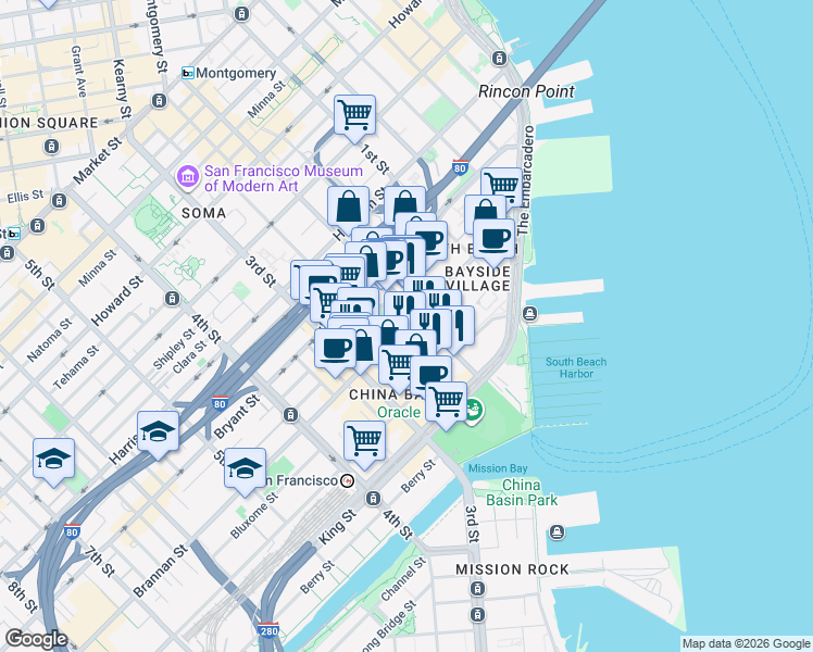 map of restaurants, bars, coffee shops, grocery stores, and more near in San Francisco