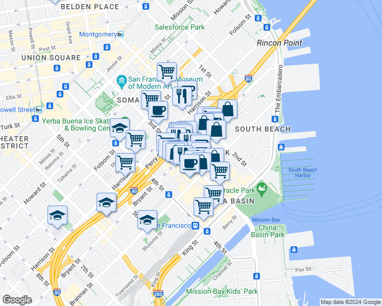 map of restaurants, bars, coffee shops, grocery stores, and more near 470 Bryant Street in San Francisco
