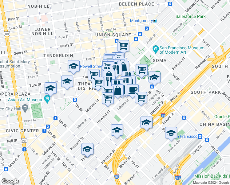 map of restaurants, bars, coffee shops, grocery stores, and more near 110 5th Street in San Francisco