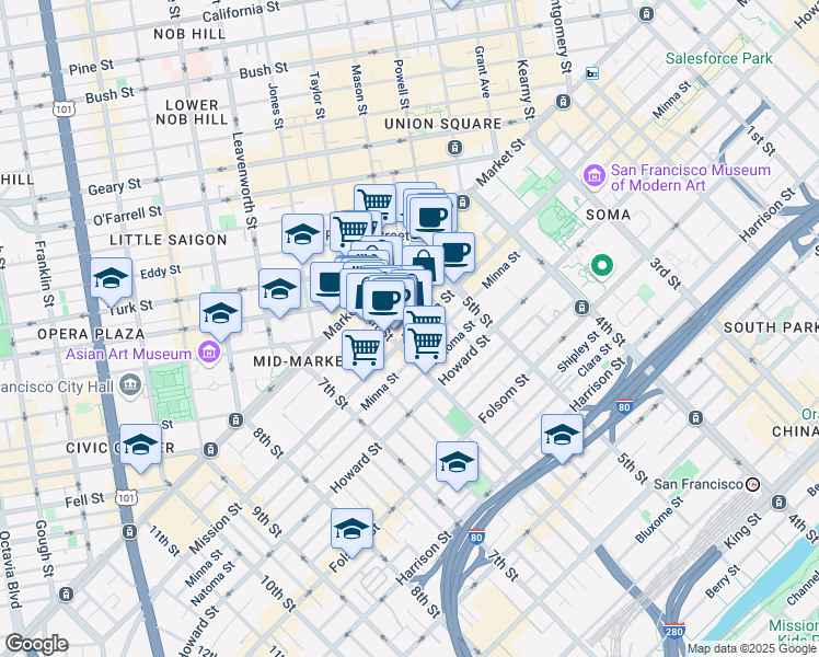 map of restaurants, bars, coffee shops, grocery stores, and more near 486 Jessie Street in San Francisco
