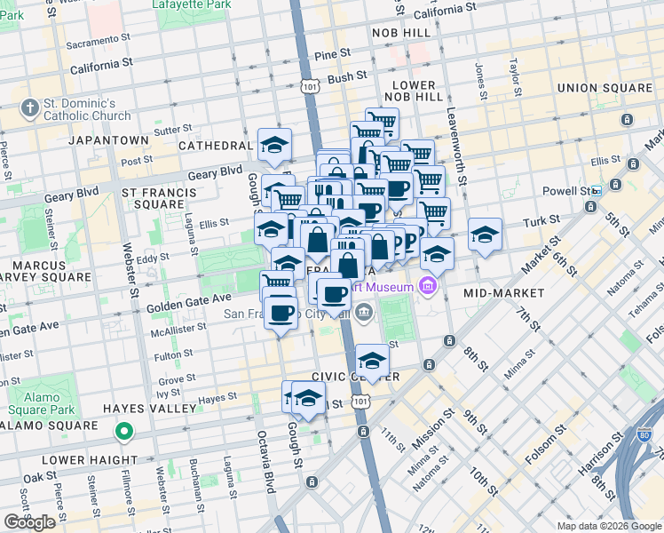 map of restaurants, bars, coffee shops, grocery stores, and more near 701 Van Ness Avenue in San Francisco