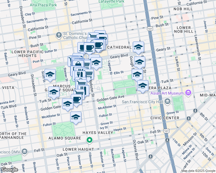 map of restaurants, bars, coffee shops, grocery stores, and more near 1278 Eddy Street in San Francisco