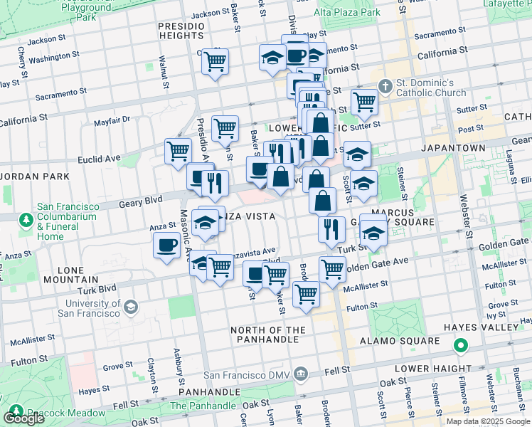 map of restaurants, bars, coffee shops, grocery stores, and more near 35 O'Farrell Street in San Francisco