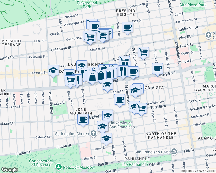 map of restaurants, bars, coffee shops, grocery stores, and more near in San Francisco
