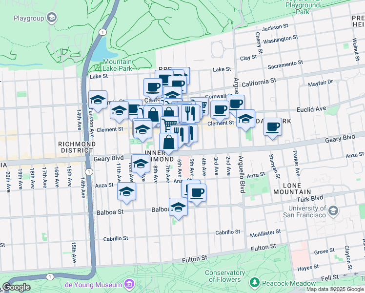 map of restaurants, bars, coffee shops, grocery stores, and more near 327 6th Avenue in San Francisco