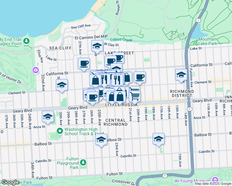 map of restaurants, bars, coffee shops, grocery stores, and more near 2147 Clement Street in San Francisco